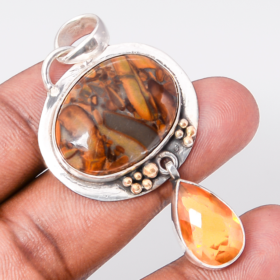 Rhyolite & Citrine 925 Sterling Silver Pendant, Handmade Pendant, Oval Pendant, Brown Pendant, Unique Silver Pendant, Fine Pendant, Silver Jewelry Pendant