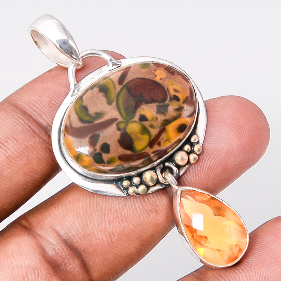 Rhyolite & Citrine 925 Sterling Silver Pendant, Handmade Pendant, Oval Pendant, Brown Pendant, Unique Silver Pendant, Fine Pendant, Silver Jewelry Pendant