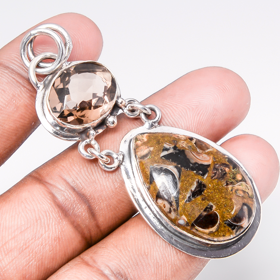 Copper Turritella Fossil & Smoky Quartz 925 Sterling Silver Pendant, Handmade Pendant, Pear Pendant, Brown Pendant, Unique Silver Pendant, Fine Pendant, Silver Jewelry Pendant