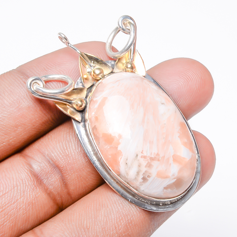 Baige Scolecite 925 Sterling Silver Pendant, Handmade Pendant, Oval Pendant, Peach Pendant, Unique Silver Pendant, Fine Pendant, Silver Jewelry Pendant