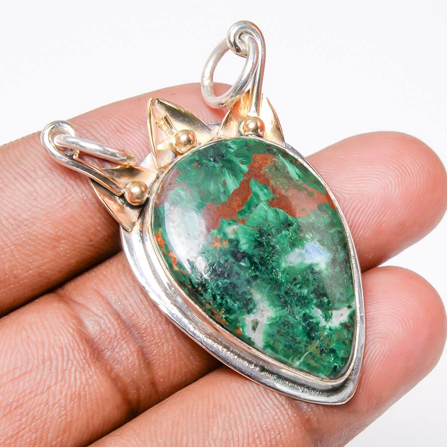 Cuprite Chrysocolla 925 Sterling Silver Pendant, Handmade Pendant, Pear Pendant, Green Pendant, Unique Silver Pendant, Fine Pendant, Silver Jewelry Pendant