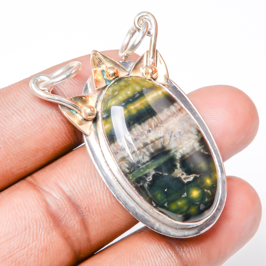 Ocean Jasper 925 Sterling Silver Pendant, Handmade Pendant, Oval Pendant, Green Pendant, Unique Silver Pendant, Fine Pendant, Silver Jewelry Pendant