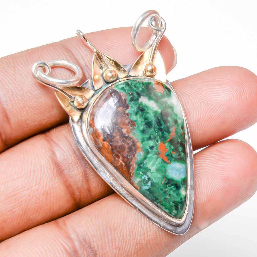 Cuprite Chrysocolla 925 Sterling Silver Pendant, Handmade Pendant, Pear Pendant, Green Pendant, Unique Silver Pendant, Fine Pendant, Silver Jewelry Pendant