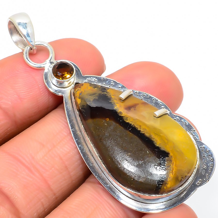 Septerian Stone & Smoky 925 Sterling Silver Pendant, Handmade Pendant, Pear Pendant, Brown Pendant, Unique Silver Pendant, Fine Pendant, Silver Jewelry Pendant