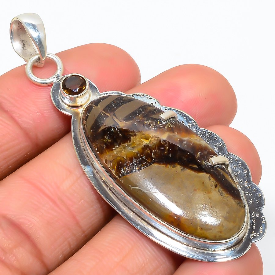 Septerian Stone & Smoky 925 Sterling Silver Pendant, Handmade Pendant, Oval Pendant, Brown Pendant, Unique Silver Pendant, Fine Pendant, Silver Jewelry Pendant