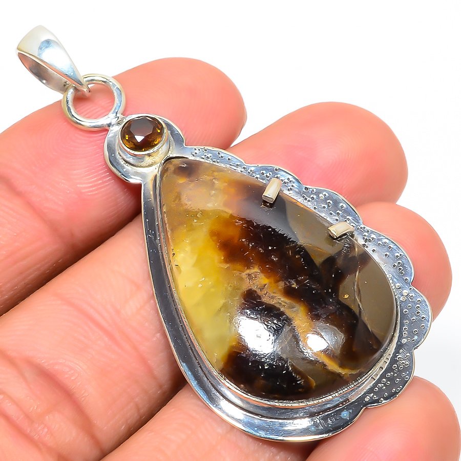 Septerian Stone & Smoky 925 Sterling Silver Pendant, Handmade Pendant, Pear Pendant, Brown Pendant, Unique Silver Pendant, Fine Pendant, Silver Jewelry Pendant