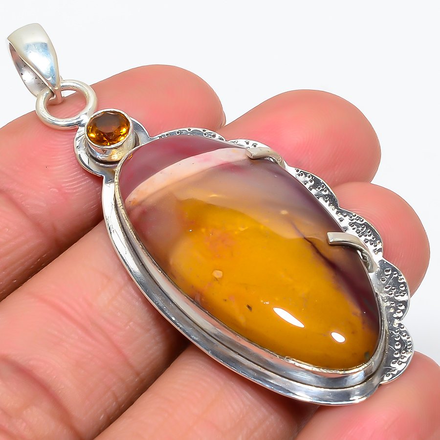 Mookaite & Citrine Hand 925 Sterling Silver Pendant, Handmade Pendant, Oval Pendant, Red Pendant, Unique Silver Pendant, Fine Pendant, Silver Jewelry Pendant