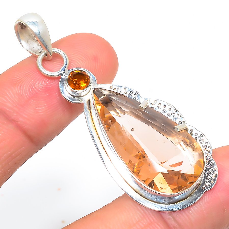 Morganite Quartz Hand 925 Sterling Silver Pendant, Handmade Pendant, Pear Pendant, Peach Pendant, Unique Silver Pendant, Fine Pendant, Silver Jewelry Pendant