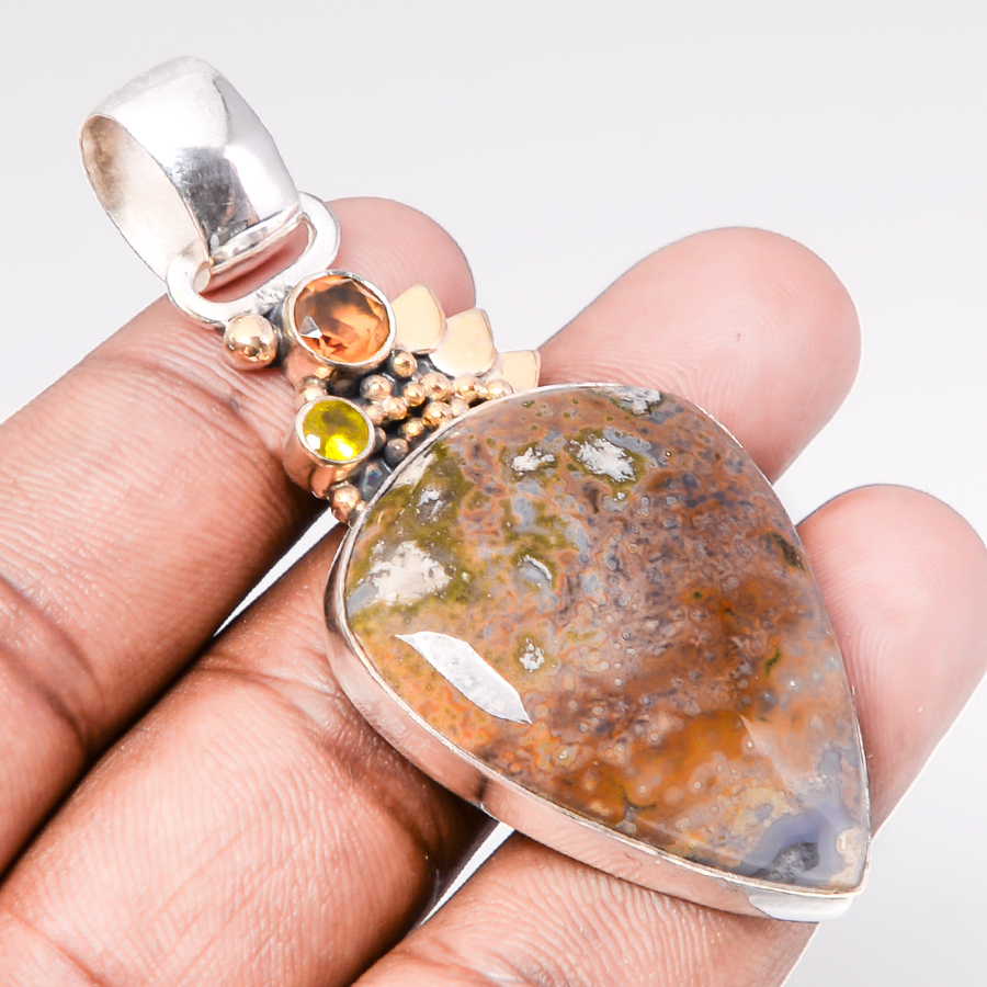 Ocean Jasper & Citrine 925 Sterling Silver Pendant, Handmade Pendant, Pear Pendant, Green Pendant, Unique Silver Pendant, Fine Pendant, Silver Jewelry Pendant