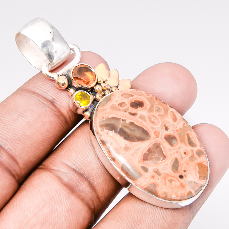 Bird Eye Jasper & Citrine 925 Sterling Silver Pendant, Handmade Pendant, Oval Pendant, Yellow Pendant, Unique Silver Pendant, Fine Pendant, Silver Jewelry Pendant