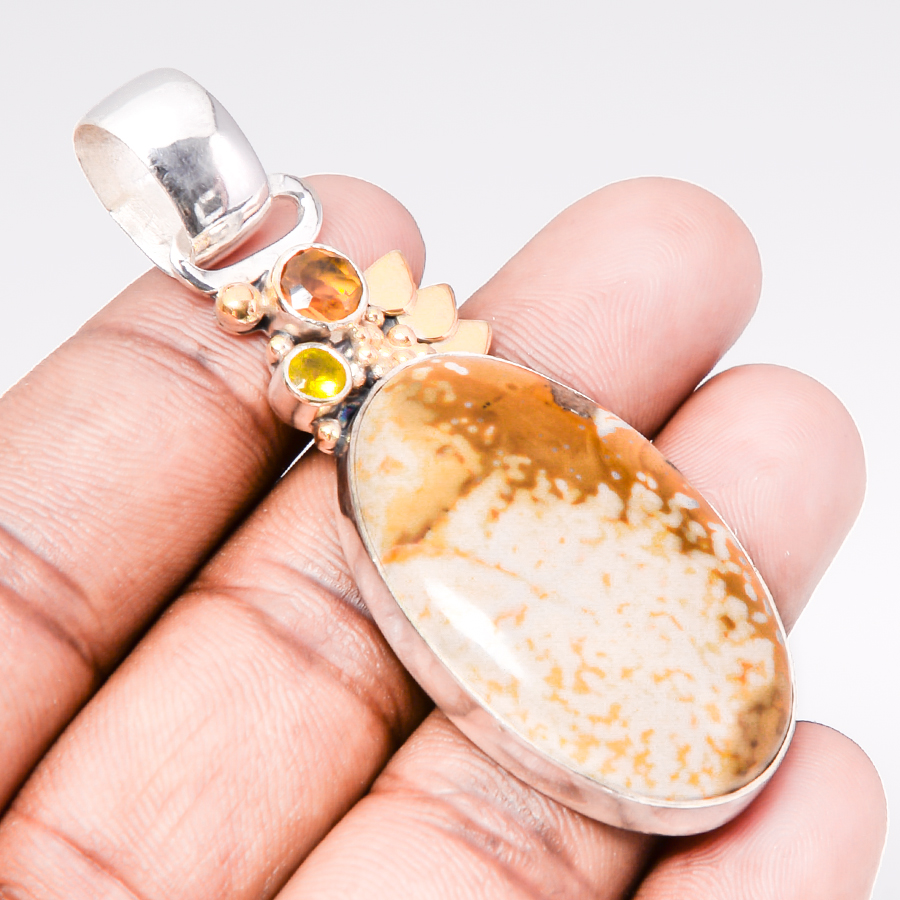 Polka Dot Jasper & Citrine 925 Sterling Silver Pendant, Handmade Pendant, Oval Pendant, Yellow Pendant, Unique Silver Pendant, Fine Pendant, Silver Jewelry Pendant