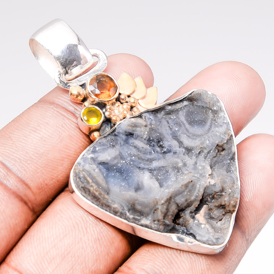 Indian Desert Rose Drusy & Citrine 925 Sterling Silver Pendant, Handmade Pendant, Pear Pendant, Silver Pendant, Unique Silver Pendant, Fine Pendant, Silver Jewelry Pendant