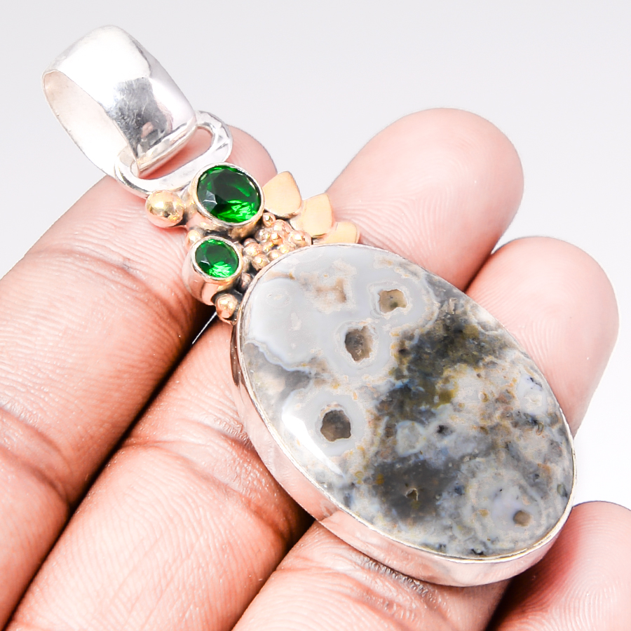 Ocean Jasper & Tsavorite Quart 925 Sterling Silver Pendant, Handmade Pendant, Oval Pendant, Green Pendant, Unique Silver Pendant, Fine Pendant, Silver Jewelry Pendant
