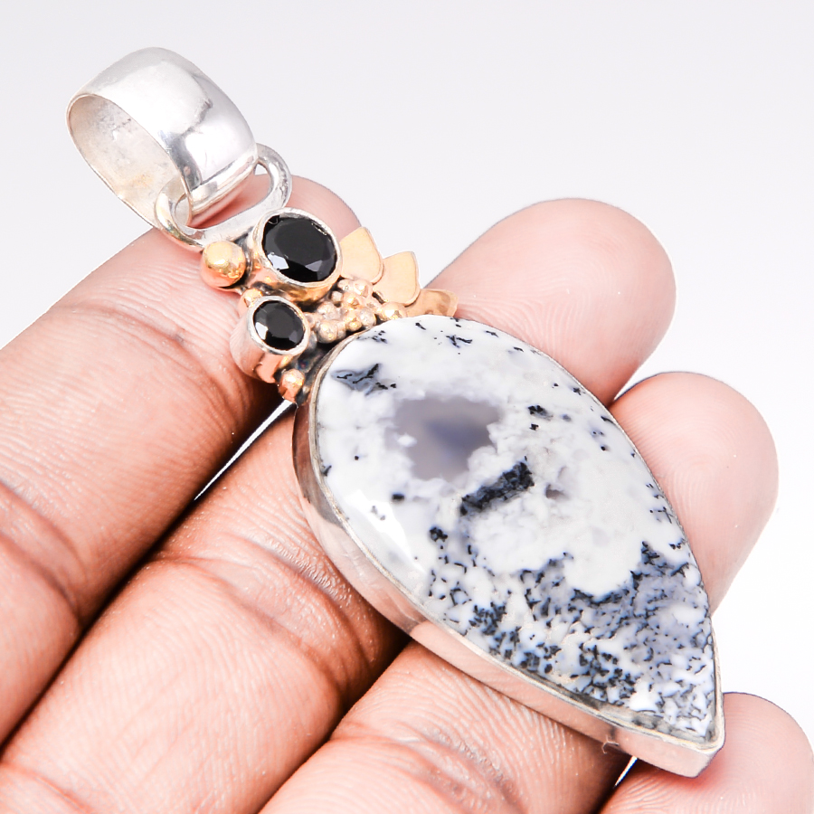 Dendritic Opal & Black Onyx 925 Sterling Silver Pendant, Handmade Pendant, Pear Pendant, White Pendant, Unique Silver Pendant, Fine Pendant, Silver Jewelry Pendant