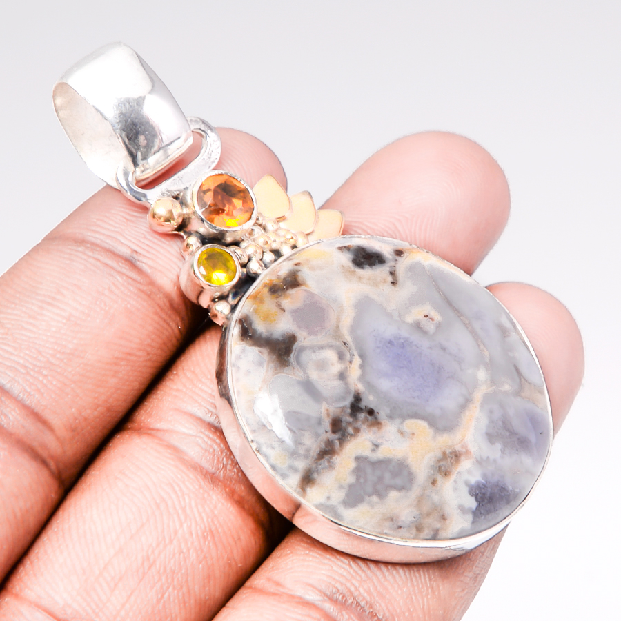 Polka Dot Jasper & Citrine 925 Sterling Silver Pendant, Handmade Pendant, Round Pendant, Gray Pendant, Unique Silver Pendant, Fine Pendant, Silver Jewelry Pendant