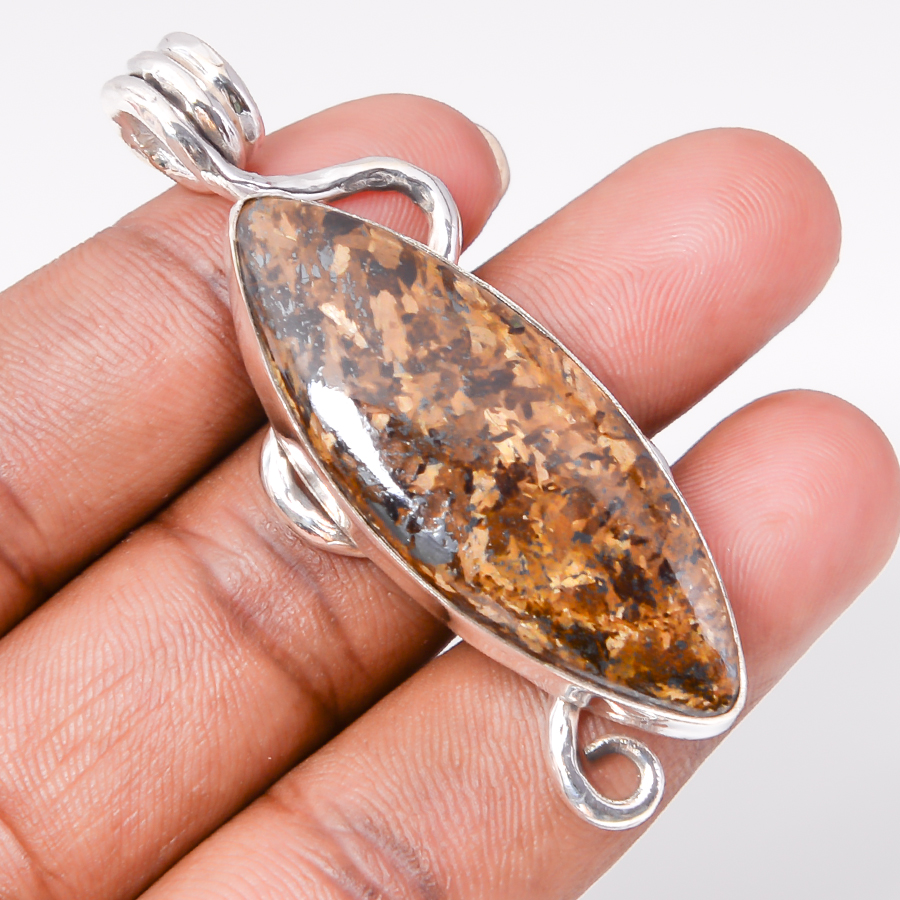 Bronzite Jasper 925 Sterling Silver Pendant, Handmade Pendant, Marquise Pendant, Brown Pendant, Unique Silver Pendant, Fine Pendant, Silver Jewelry Pendant