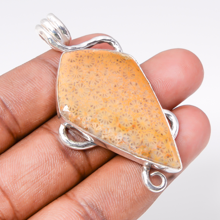 Fossil Coral 925 Sterling Silver Pendant, Handmade Pendant, Pear Pendant, Yellow Pendant, Unique Silver Pendant, Fine Pendant, Silver Jewelry Pendant
