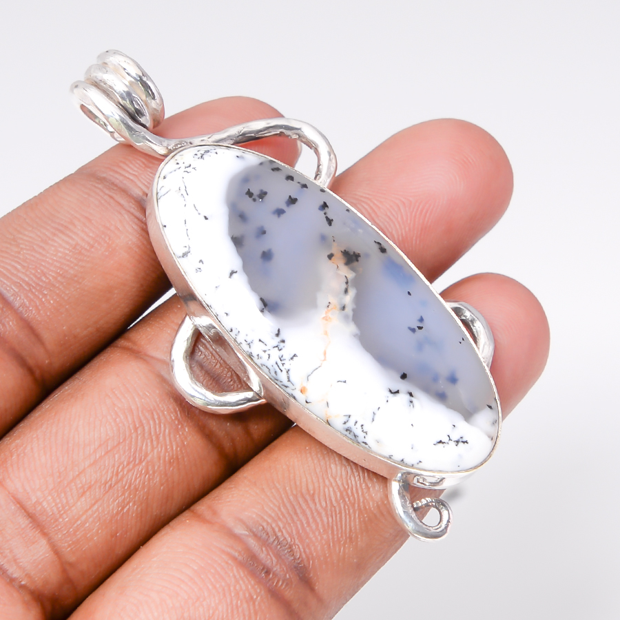 Dendritic Opal 925 Sterling Silver Pendant, Handmade Pendant, Oval Pendant, White Pendant, Unique Silver Pendant, Fine Pendant, Silver Jewelry Pendant