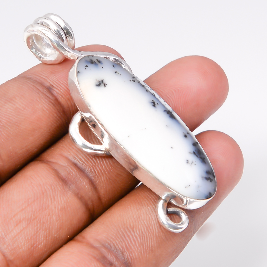 Dendritic Opal 925 Sterling Silver Pendant, Handmade Pendant, Oval Pendant, White Pendant, Unique Silver Pendant, Fine Pendant, Silver Jewelry Pendant