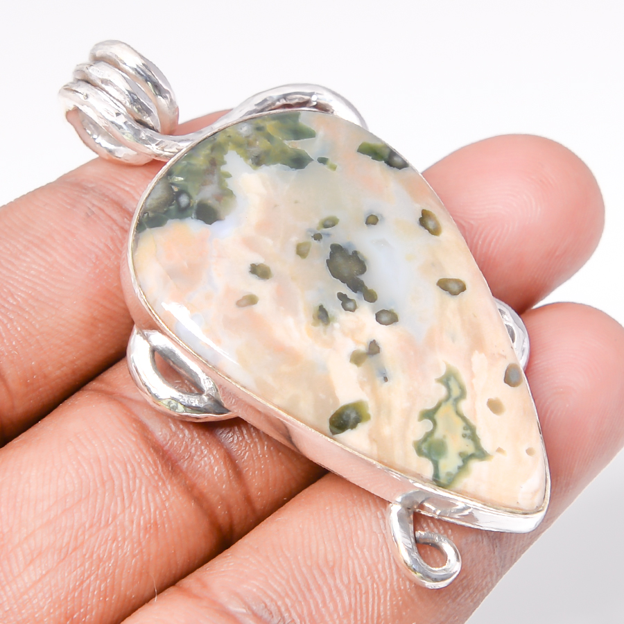 Ocean Jasper 925 Sterling Silver Pendant, Handmade Pendant, Trillion Pendant, Green Pendant, Unique Silver Pendant, Fine Pendant, Silver Jewelry Pendant
