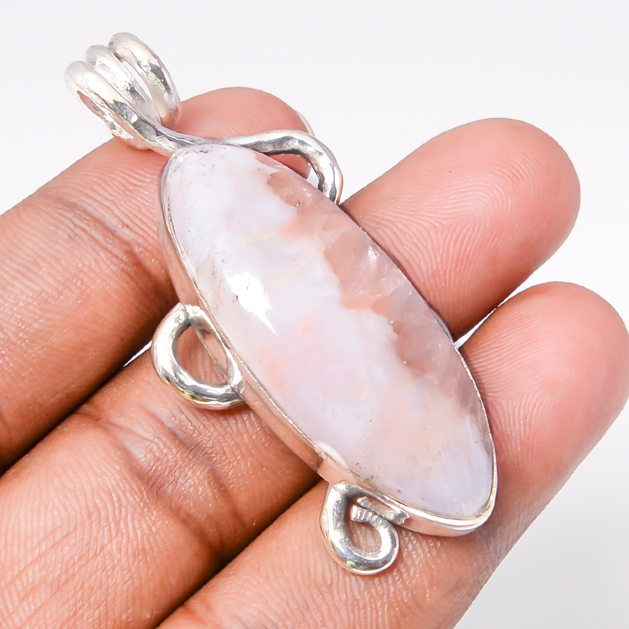 Baige Scolecite 925 Sterling Silver Pendant, Handmade Pendant, Oval Pendant, Peach Pendant, Unique Silver Pendant, Fine Pendant, Silver Jewelry Pendant