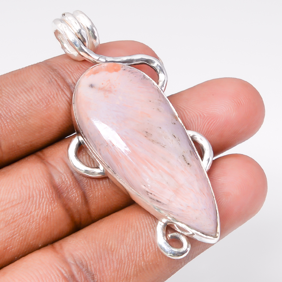 Baige Scolecite 925 Sterling Silver Pendant, Handmade Pendant, Pear Pendant, Peach Pendant, Unique Silver Pendant, Fine Pendant, Silver Jewelry Pendant
