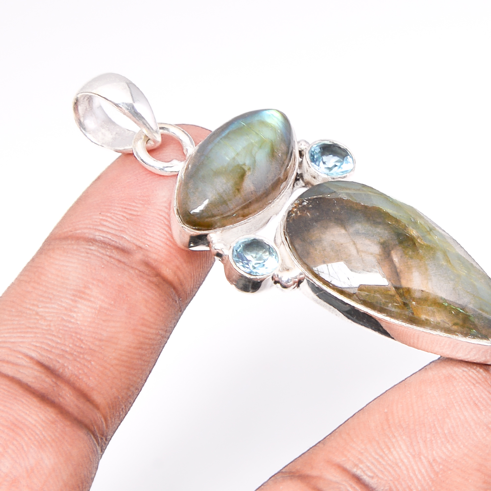 Labradorite & Blue Topaz 925 Sterling Silver Pendant, Handmade Pendant, Pear Pendant, Black Pendant, Unique Silver Pendant, Fine Pendant, Silver Jewelry Pendant