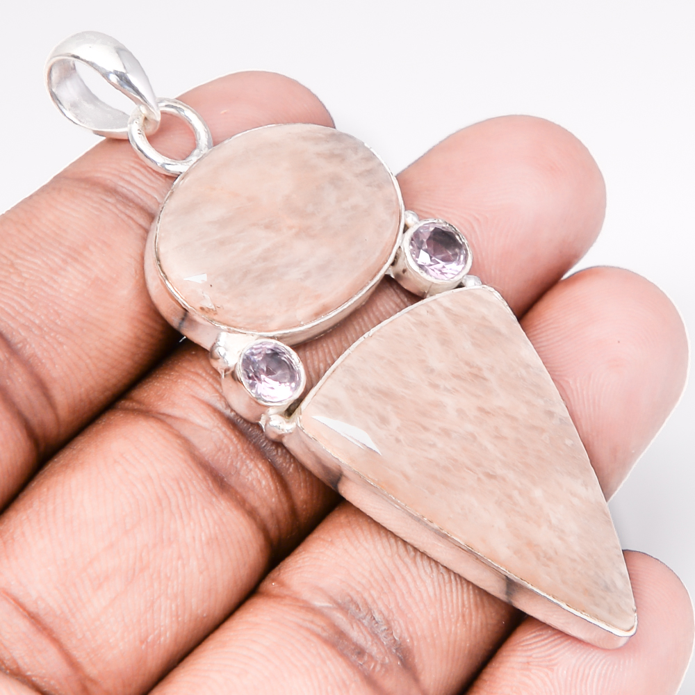 Amazonite - Beige & Kunzite Quartz 925 Sterling Silver Pendant, Handmade Pendant, Pear Pendant, Beige Pendant, Unique Silver Pendant, Fine Pendant, Silver Jewelry Pendant