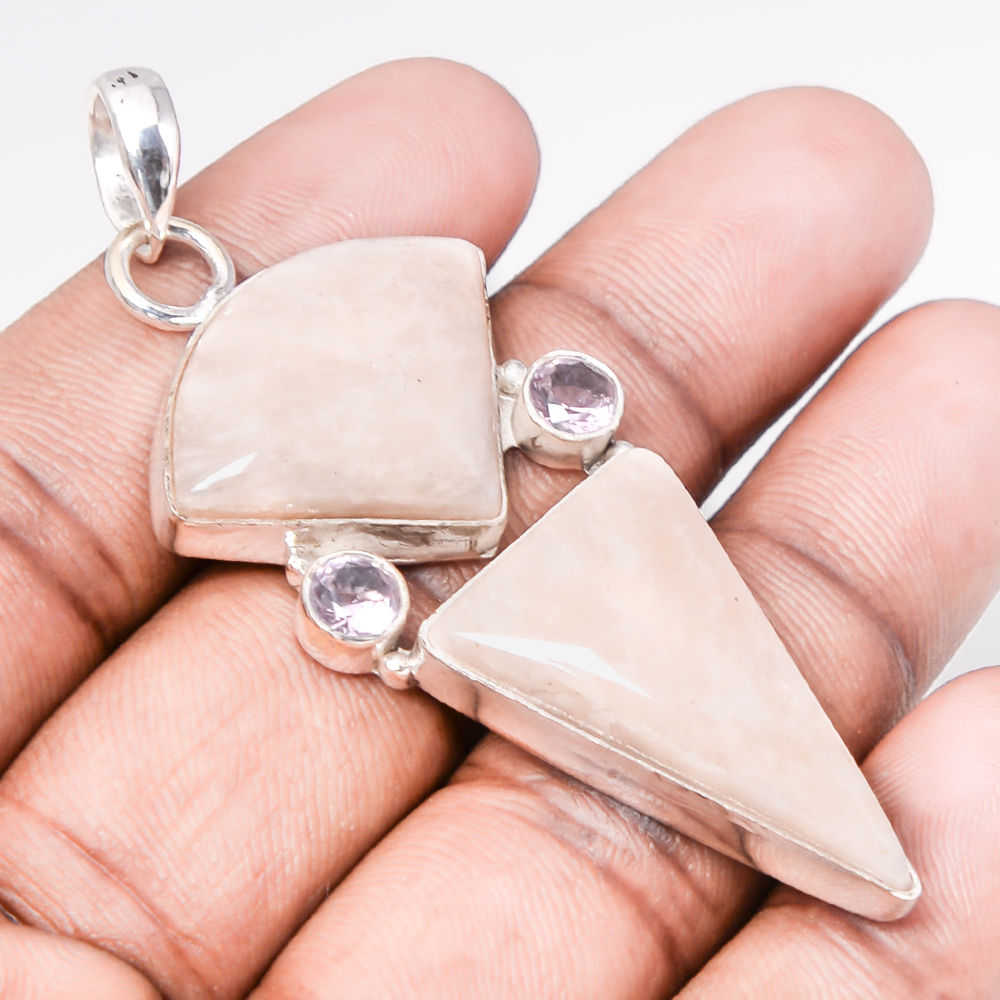 Amazonite - Beige & Kunzite Quartz 925 Sterling Silver Pendant, Handmade Pendant, Trillion Pendant, Beige Pendant, Unique Silver Pendant, Fine Pendant, Silver Jewelry Pendant