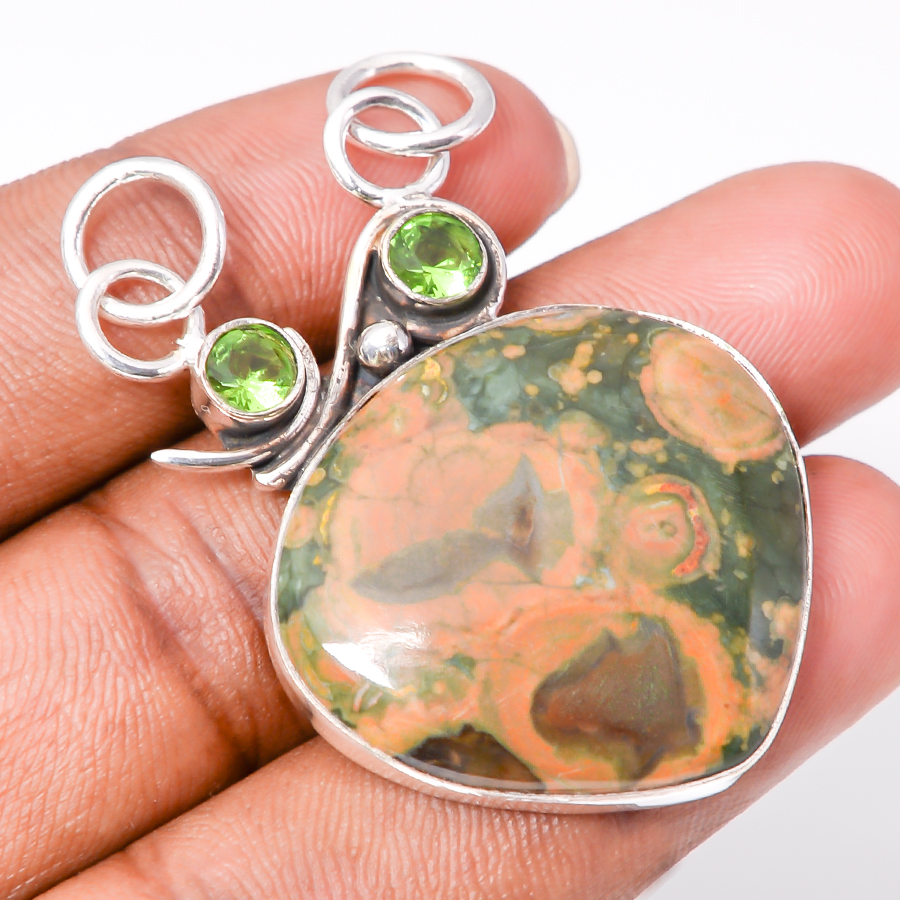 Rainforest Jasper & Peridot 925 Sterling Silver Pendant, Handmade Pendant, Pear Pendant, Green Pendant, Unique Silver Pendant, Fine Pendant, Silver Jewelry Pendant