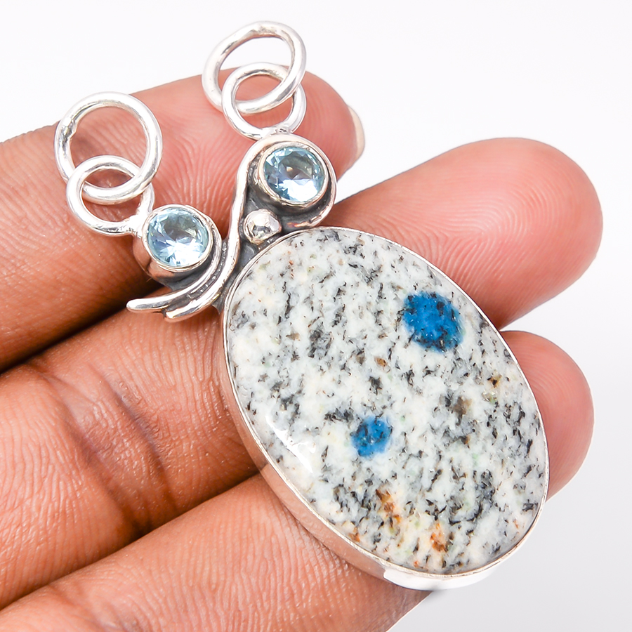 K2 Blue Azurite & Blue Topaz 925 Sterling Silver Pendant, Handmade Pendant, Oval Pendant, Blue Pendant, Unique Silver Pendant, Fine Pendant, Silver Jewelry Pendant