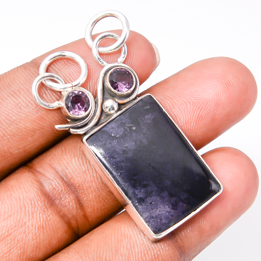 Charoite & Amethyst 925 Sterling Silver Pendant, Handmade Pendant, Baguette Pendant, Purple Pendant, Unique Silver Pendant, Fine Pendant, Silver Jewelry Pendant
