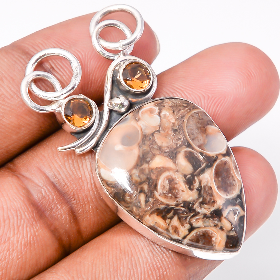 Turritella Fossil Agate & Smoky 925 Sterling Silver Pendant, Handmade Pendant, Pear Pendant, Brown Pendant, Unique Silver Pendant, Fine Pendant, Silver Jewelry Pendant