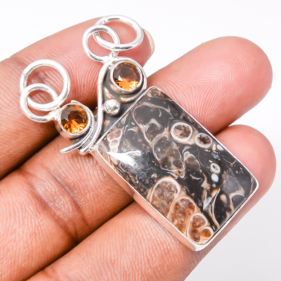 Turritella Fossil Agate & Smoky 925 Sterling Silver Pendant, Handmade Pendant, Cushion Pendant, Brown Pendant, Unique Silver Pendant, Fine Pendant, Silver Jewelry Pendant