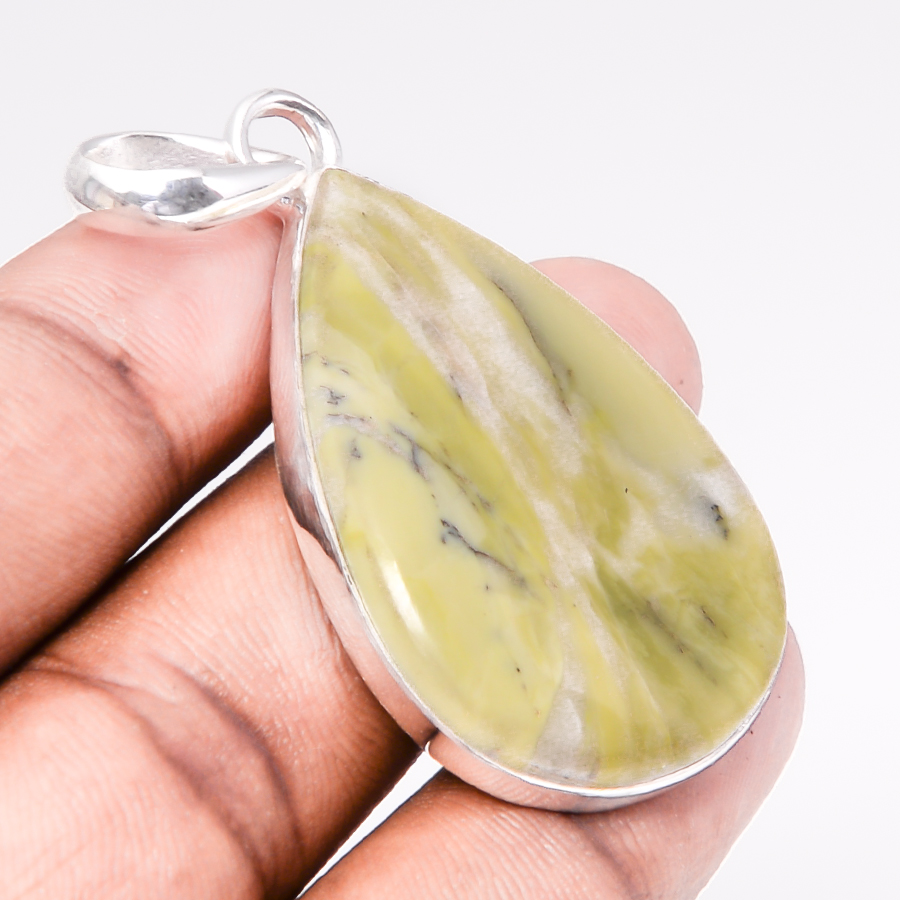 Serpentine 925 Sterling Silver Pendant, Handmade Pendant, Pear Pendant, Green Pendant, Unique Silver Pendant, Fine Pendant, Silver Jewelry Pendant