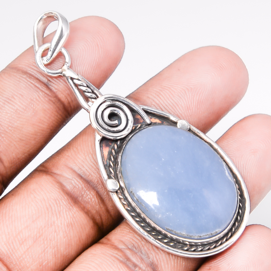 Angelite Jasper 925 Sterling Silver Pendant, Handmade Pendant, Oval Pendant, Blue Pendant, Unique Silver Pendant, Fine Pendant, Silver Jewelry Pendant