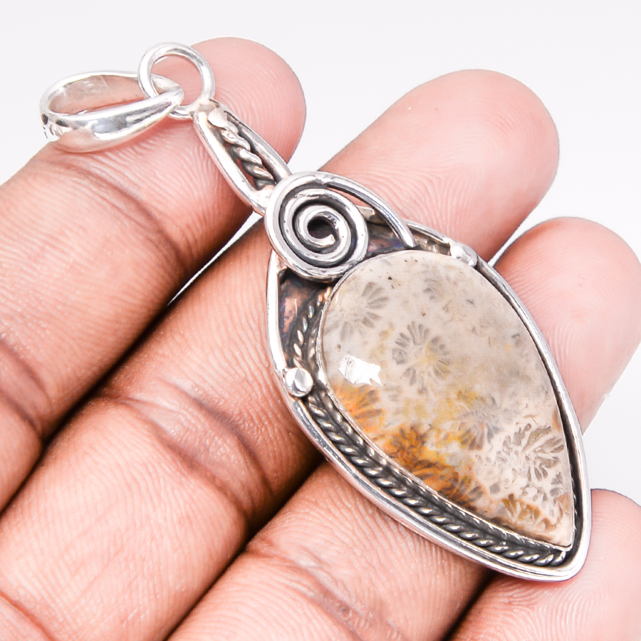 Fossil Coral 925 Sterling Silver Pendant, Handmade Pendant, Pear Pendant, Yellow Pendant, Unique Silver Pendant, Fine Pendant, Silver Jewelry Pendant