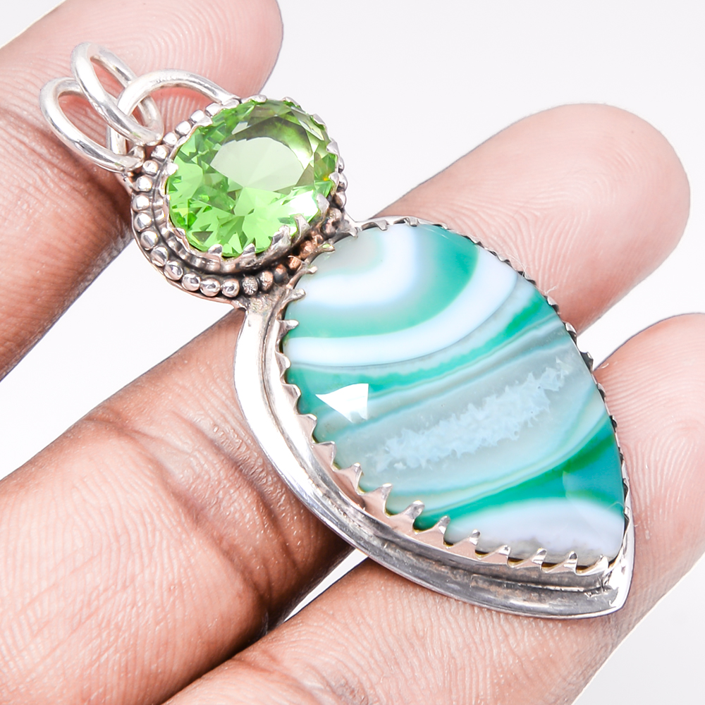 Green Banded Agate & Peridot 925 Sterling Silver Pendant, Handmade Pendant, Pear Pendant, Green Pendant, Unique Silver Pendant, Fine Pendant, Silver Jewelry Pendant