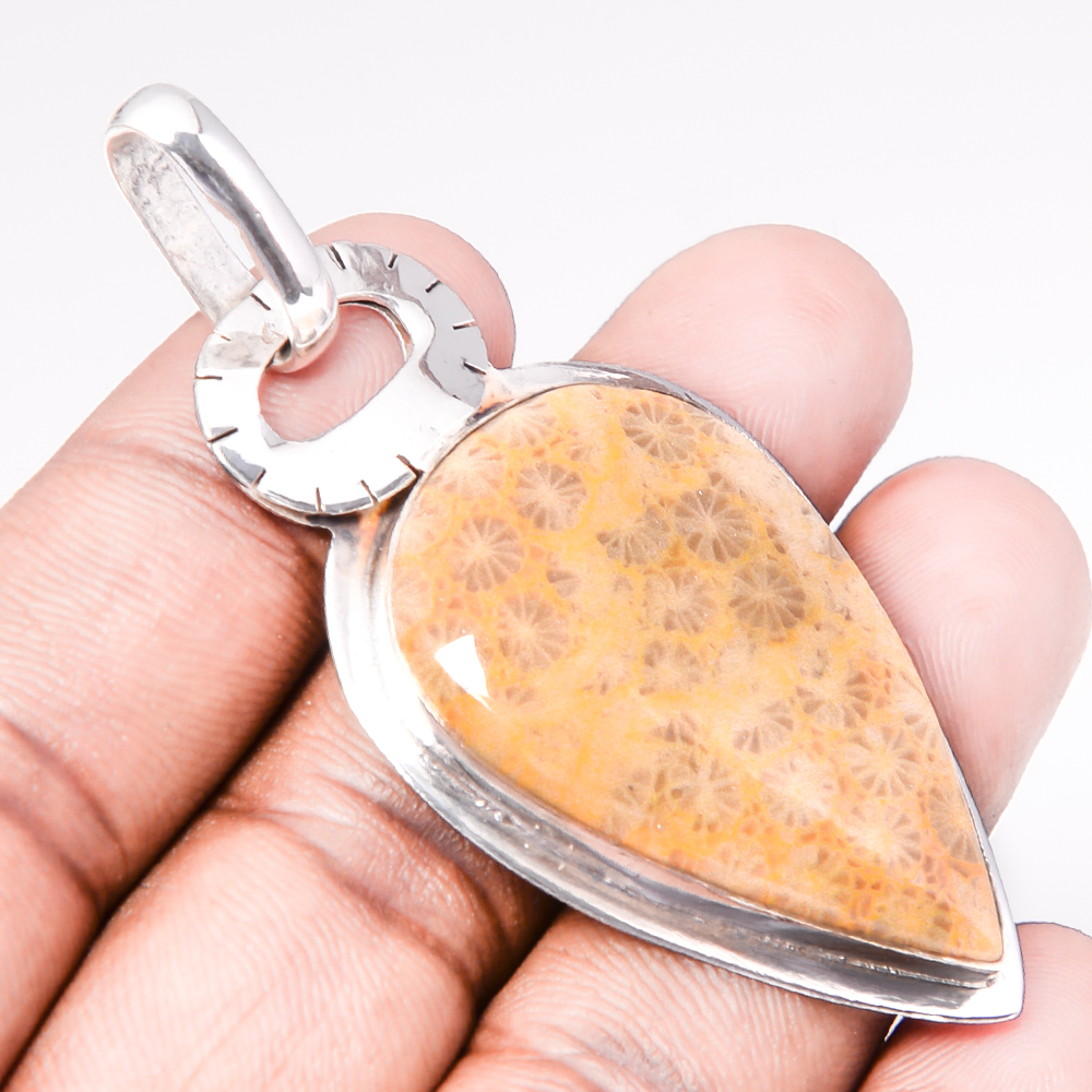 Fossil Coral 925 Sterling Silver Pendant, Handmade Pendant, Pear Pendant, Yellow Pendant, Unique Silver Pendant, Fine Pendant, Silver Jewelry Pendant