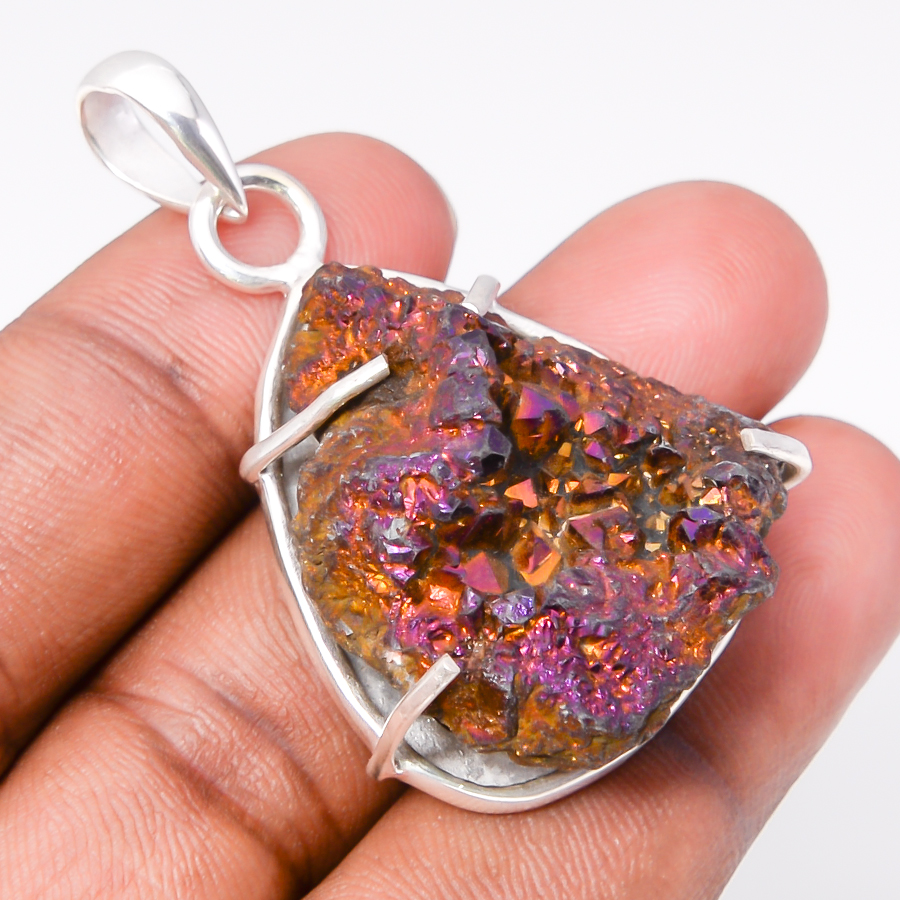 Titanium Desert Drusy 925 Sterling Silver Pendant, Handmade Pendant, Pear Pendant, Purple Pendant, Unique Silver Pendant, Fine Pendant, Silver Jewelry Pendant