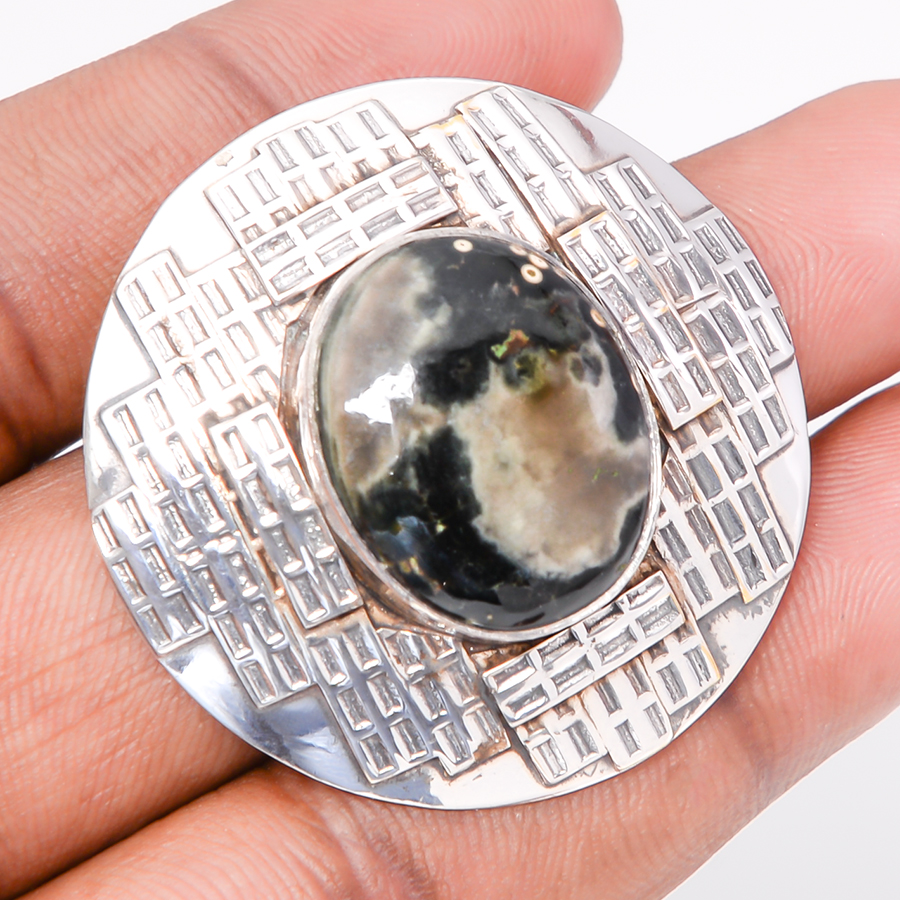 Ocean Jasper Back Loop 925 Sterling Silver Pendant, Handmade Pendant, Oval Pendant, Green Pendant, Unique Silver Pendant, Fine Pendant, Silver Jewelry Pendant