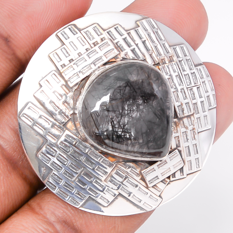 Black Rutilated Quartz 925 Sterling Silver Pendant, Handmade Pendant, Pear Pendant, Black Pendant, Unique Silver Pendant, Fine Pendant, Silver Jewelry Pendant