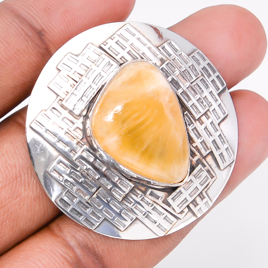 Yellow Lace Agate Back Loop 925 Sterling Silver Pendant, Handmade Pendant, Trillion Pendant, Yellow Pendant, Unique Silver Pendant, Fine Pendant, Silver Jewelry Pendant
