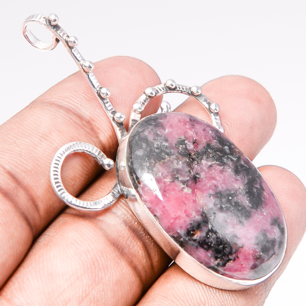 Rhodonite 925 Sterling Silver Pendant, Handmade Pendant, Oval Pendant, Pink Pendant, Unique Silver Pendant, Fine Pendant, Silver Jewelry Pendant