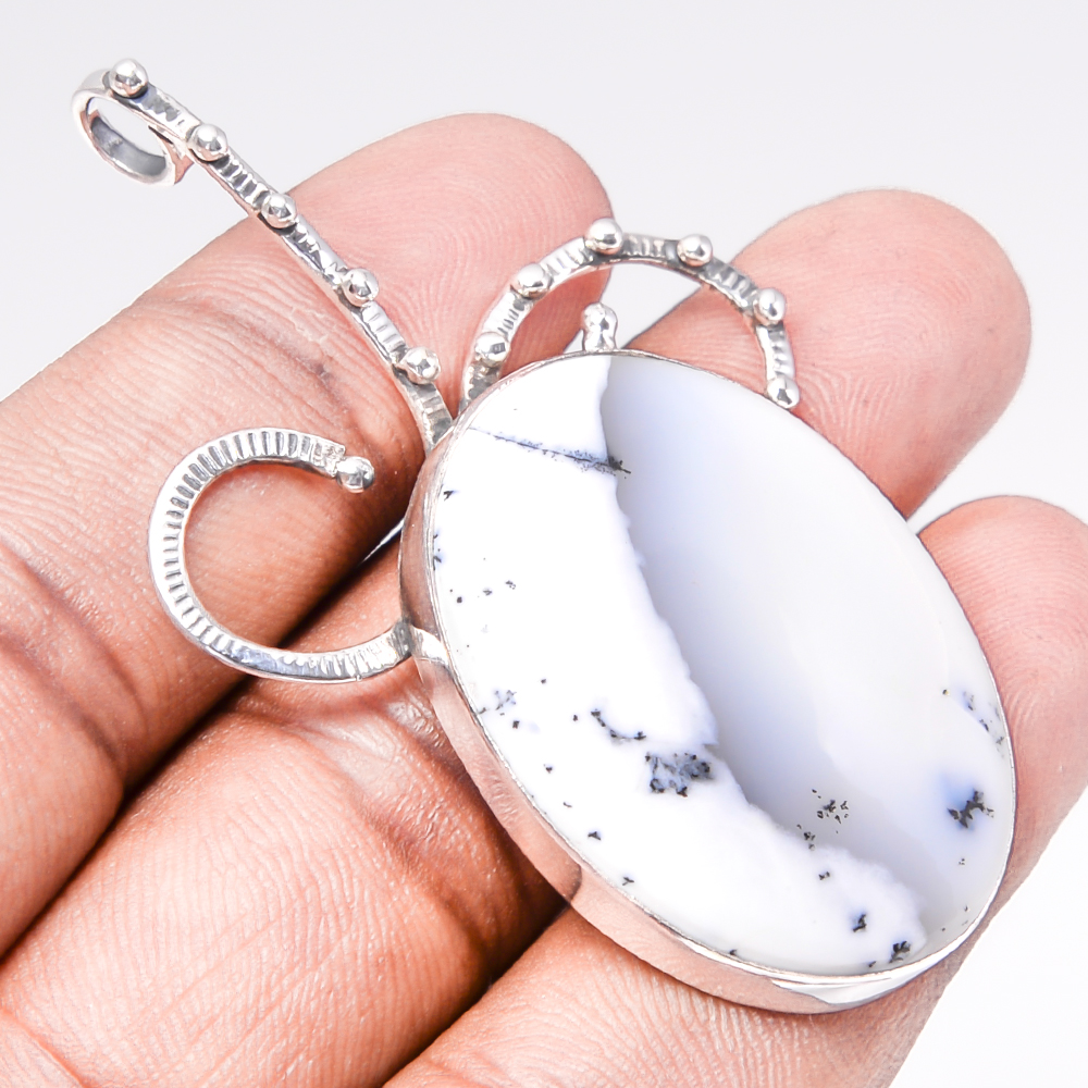 Dendritic Opal 925 Sterling Silver Pendant, Handmade Pendant, Oval Pendant, White Pendant, Unique Silver Pendant, Fine Pendant, Silver Jewelry Pendant