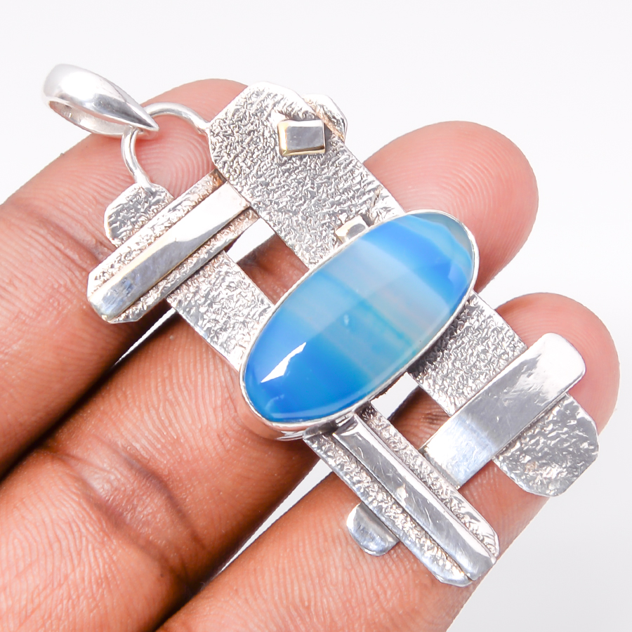 Blue Lace Agate 925 Sterling Silver Pendant, Handmade Pendant, Oval Pendant, Blue Pendant, Unique Silver Pendant, Fine Pendant, Silver Jewelry Pendant