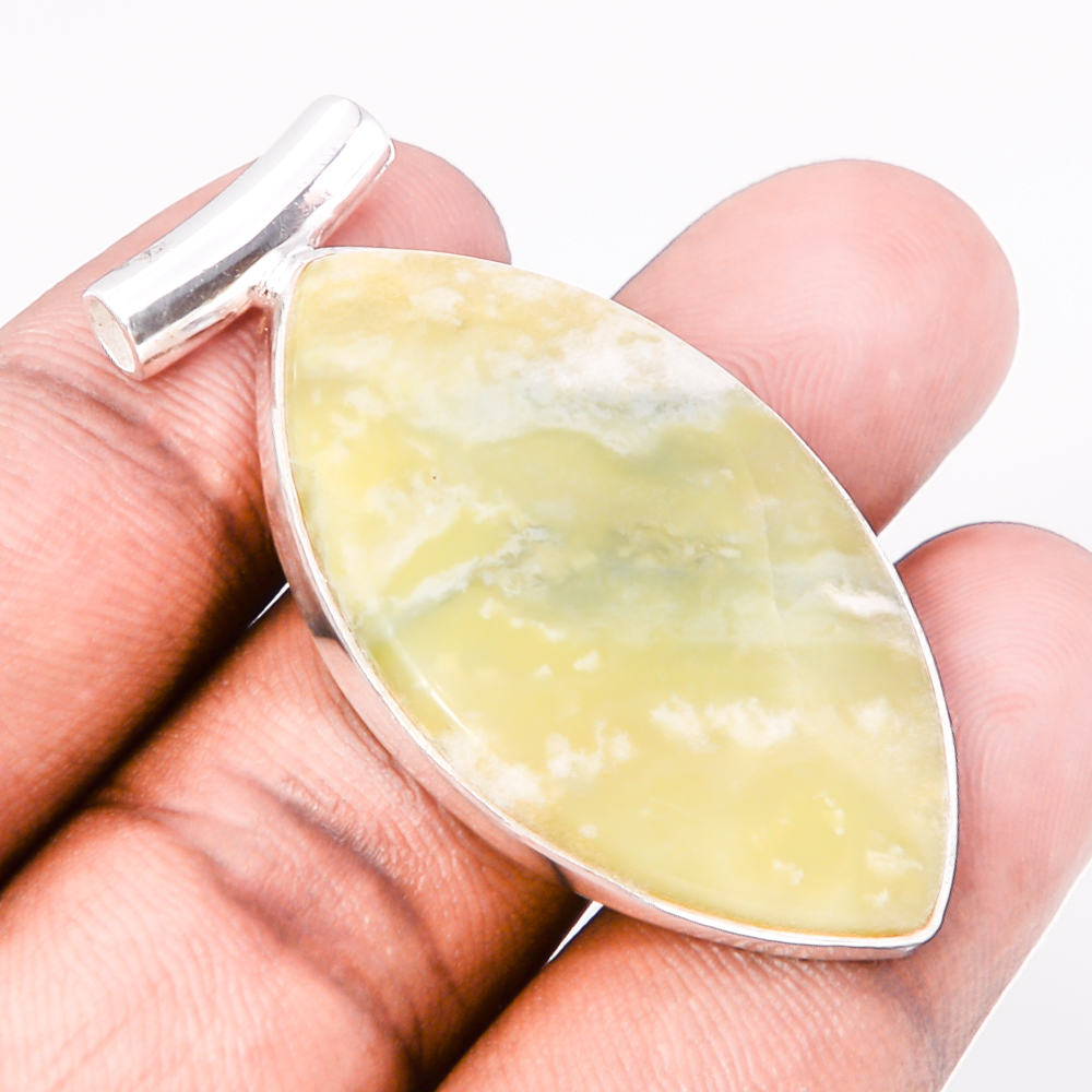 Serpentine 925 Sterling Silver Pendant, Handmade Pendant, Marquise Pendant, Yellow Pendant, Unique Silver Pendant, Fine Pendant, Silver Jewelry Pendant