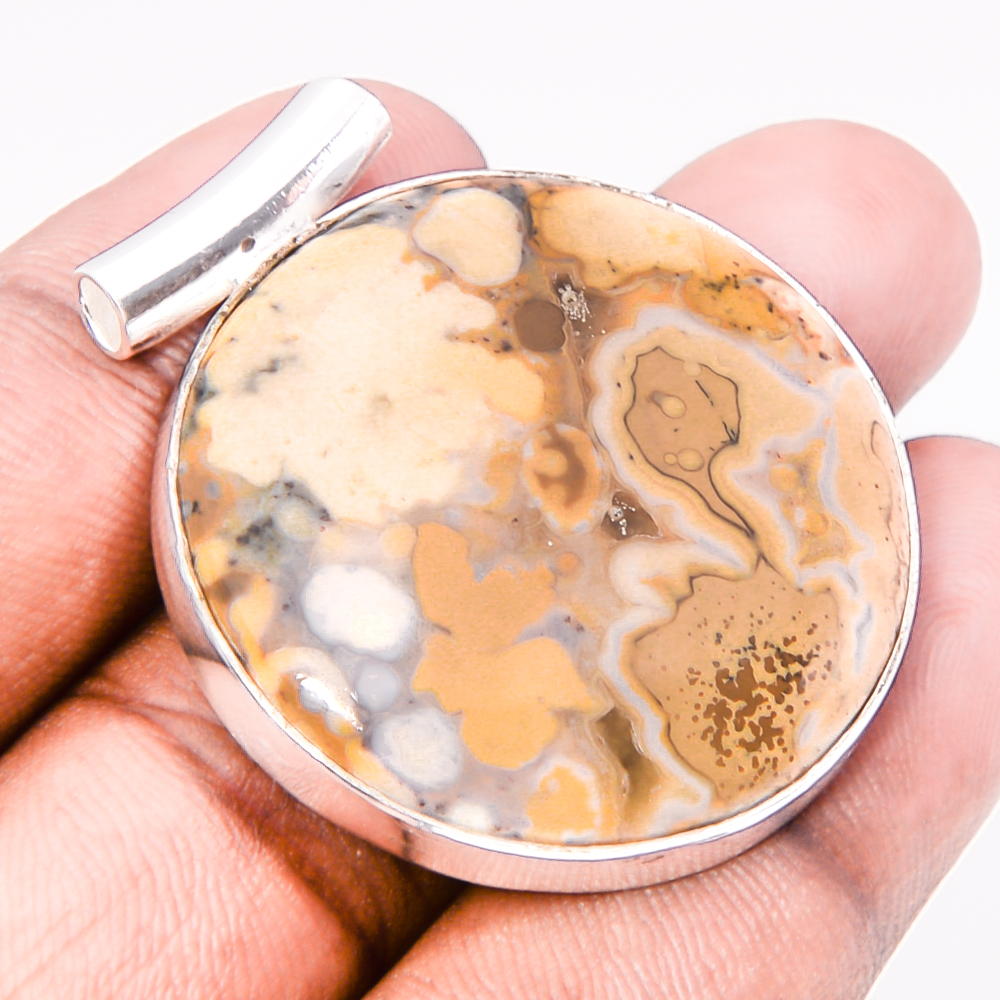 Polka Dot Jasper 925 Sterling Silver Pendant, Handmade Pendant, Round Pendant, Yellow Pendant, Unique Silver Pendant, Fine Pendant, Silver Jewelry Pendant