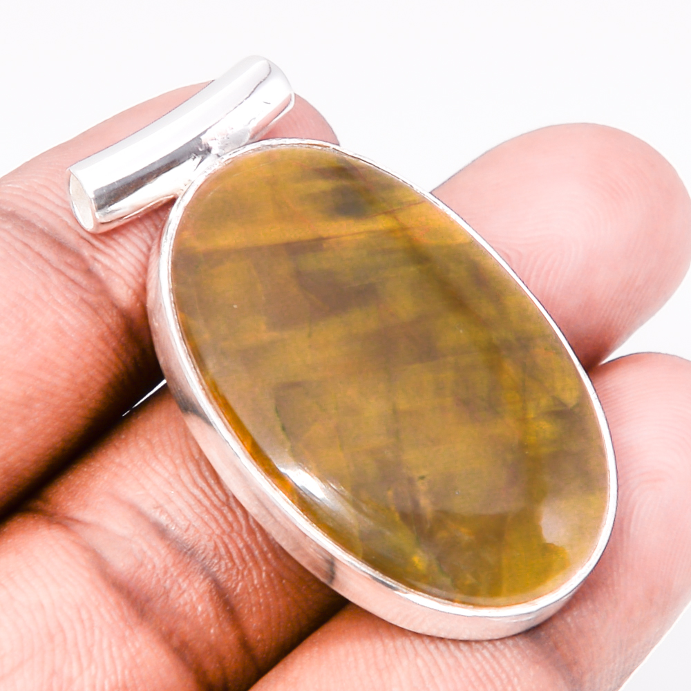 Nellite 925 Sterling Silver Pendant, Handmade Pendant, Oval Pendant, Yellow Pendant, Unique Silver Pendant, Fine Pendant, Silver Jewelry Pendant