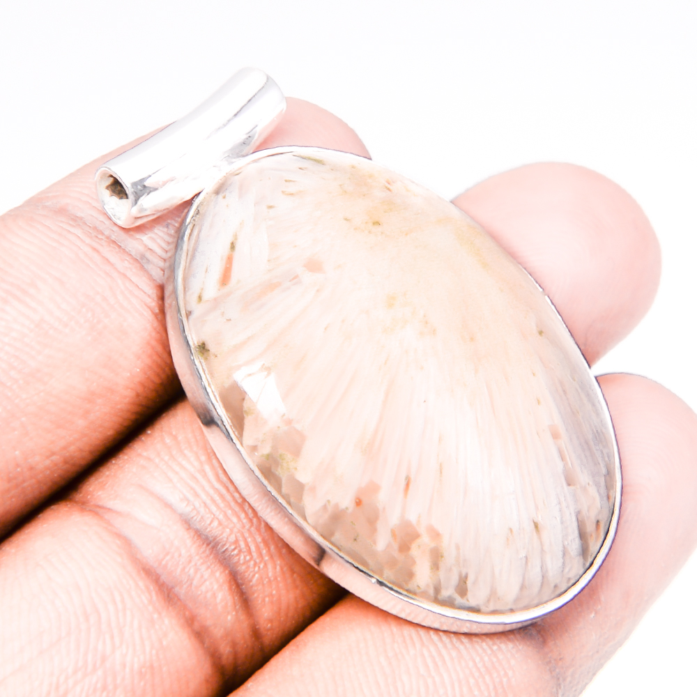 Scolecite 925 Sterling Silver Pendant, Handmade Pendant, Oval Pendant, Orange Pendant, Unique Silver Pendant, Fine Pendant, Silver Jewelry Pendant